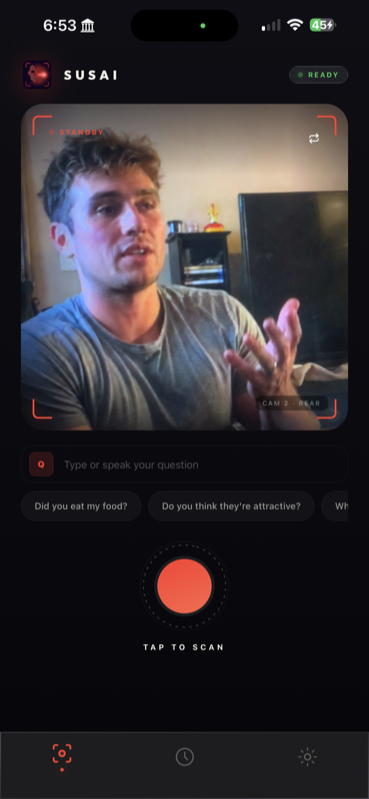 SusAI scan screen recording a subject while the AI lie detector analyzes their behavior