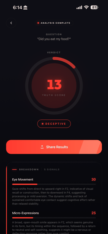 SusAI verdict screen showing a truth score with a Truthful, Suspicious or Deceptive verdict